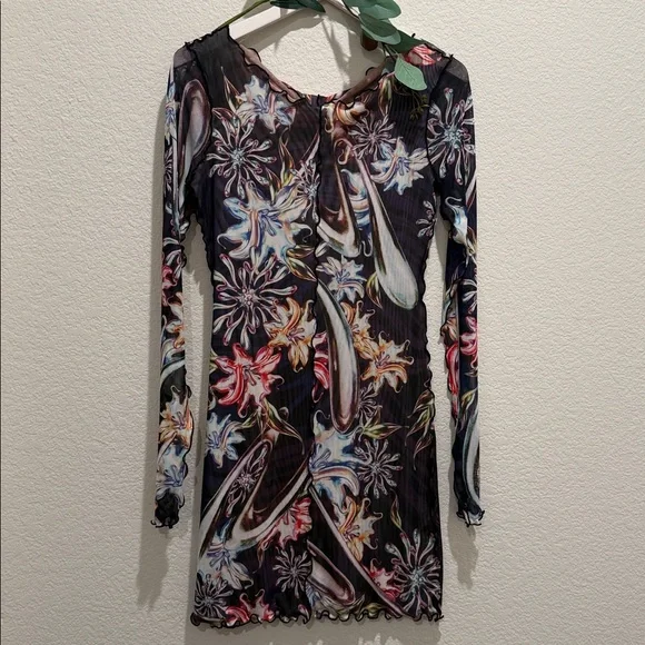 NWT Agua Bendita Hadley Floral Mesh Boat Neck Long Sleeve Mini Dress - Picture 7 of 9